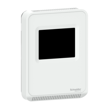 Picture of Sensor, SpaceLogic SLA Series, air quality, CO2, humidity, temperature, room, color touchscreen, analog outputs, matte white housing