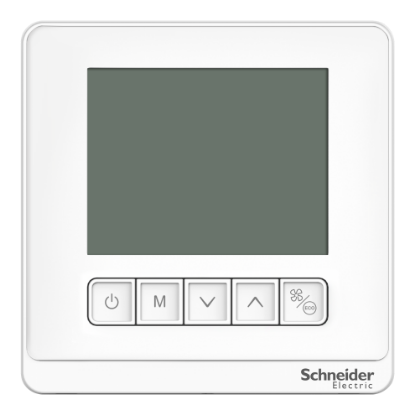 Picture of Thermostat, Spacelogic, fan coil proportional, standalone, LCD 5 Button, 4P, 3 fan, external sensor, 240V, white