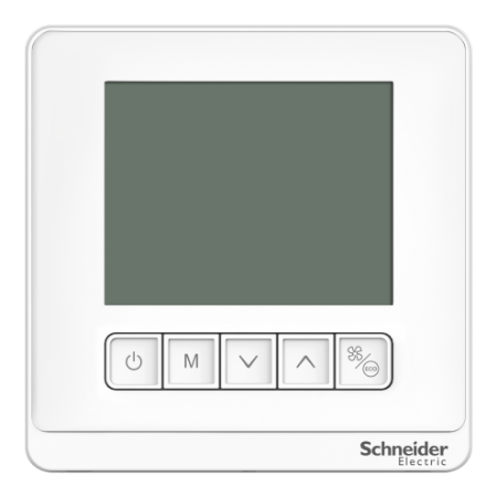 Picture of Thermostat, Spacelogic, fan coil proportional, standalone, LCD 5 Button, 4P, 3 fan, external sensor, 240V, white