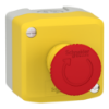 Picture of Control station, Harmony XALK, plastic, yellow lid, 1 red mushroom push button 40mm, turn to release, 1NC with monitoring, unmarked