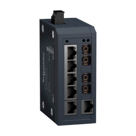 Picture of network switch, Modicon Networking, standard unmanaged, 6 ports for copper with 2 ports for singlemode fiber optic