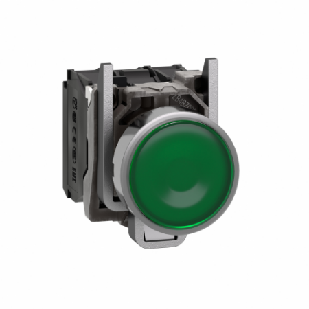 Picture of Illuminated push button, Harmony XB4, metal, green flush, 22mm, universal LED, plain lens, 1NO + 1NC, 24V AC DC