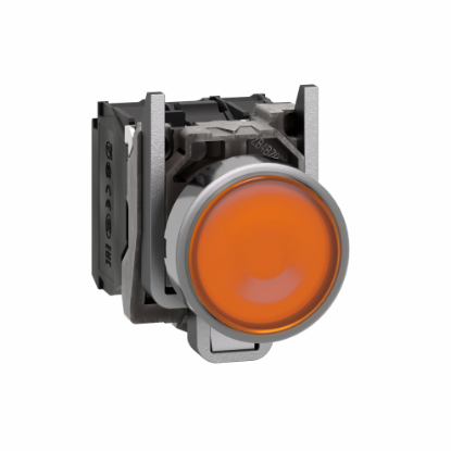 Picture of Illuminated push button, Harmony XB4, metal, orange flush, 22mm, universal LED, plain lens, 1NO + 1NC, 24V AC DC