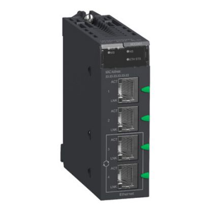 Picture of network module, Modicon M340, EtherNet/IP and Modbus/TCP, 4 x RJ45