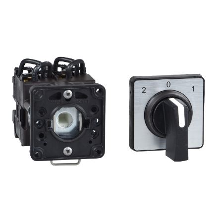 Picture of Cam changeover switch, Harmony K, Ø 22mm, plastic, 3 poles, position 0, 45°, 20A, 45x45mm, metallic legend, marked 2/0/1, 35mm black handle