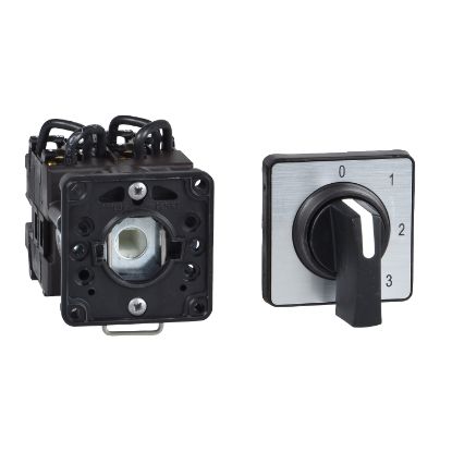 Picture of Cam changeover switch, Harmony K, multifixing, plastic, 1 pole, 2 positions, 30°, 12A, 45x45mm, metallic legend, marked 1/2, 35mm black handle