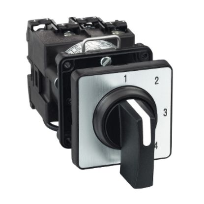 Picture of Cam stepping switch, Harmony K, 22mm, plastic, 1 pole, 4 steps, 45°, 12A, 45x45mm, metallic legend, marked 1 2 3 4, 35mm black handle