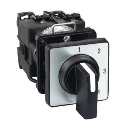 Picture of Cam stepping switch, Harmony K, 22mm, plastic, 1 pole, 4 steps, 45°, 12A, 45x45mm, metallic legend, marked 1 2 3 4, 35mm black handle
