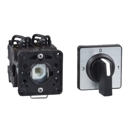 Picture of Cam ammeter switch, Harmony K, 22mm, plastic, 3 positions, position 0, 90°, 12A, 45x45mm, metallic legend, marked 0 L1 L2 L3, 35mm black handle