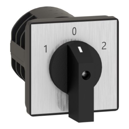 Picture of Complete cam switch, Harmony K1, K2, cam changeover switch, front mounting, plastic, 4 poles, position 0, 30degrees, 32A, 64x64mm, marked 1 0 2