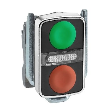 Picture of Illuminated double headed push button head, Harmony XB4, metal, 22mm, 1 green fLush+1 pilot light+1 red flush, unmarked