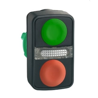Picture of Illuminated double headed push button head, Harmony XB5, plastic, 22mm, 1 green flush + 1 pilot light + 1 red flush, unmarked