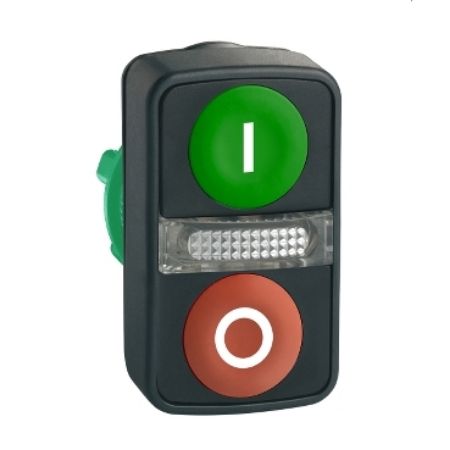 Picture of Illuminated double headed push button head, Harmony XB5, plastic, 22mm, 1 green flush marked I + 1 pilot light + 1 red flush marked O