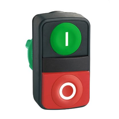 Picture of Head for double headed push button, Harmony XB5, plastic, 22mm, 1 green flush marked I + 1 red projecting marked O