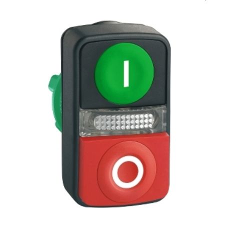 Picture of Harmony XB5, Illuminated double headed push button head, plastic, Ø22, 1 green flush I + 1 pilot light + 1 red projecting O