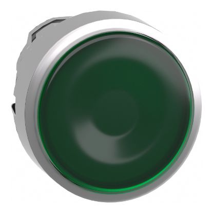 Picture of Harmony XB4, Head for illuminated push button, metal, green flush, 22mm, universal LED, spring return, plan lens