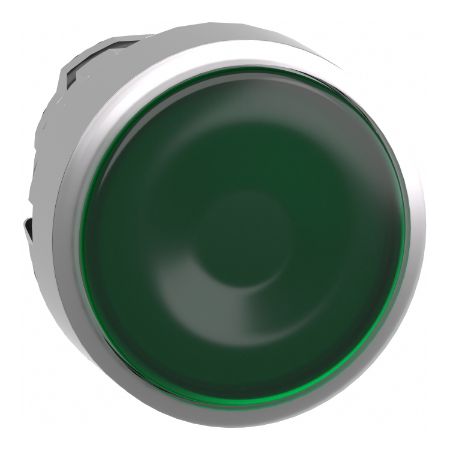 Picture of Harmony XB4, Head for illuminated push button, metal, green flush, 22mm, universal LED, spring return, plan lens