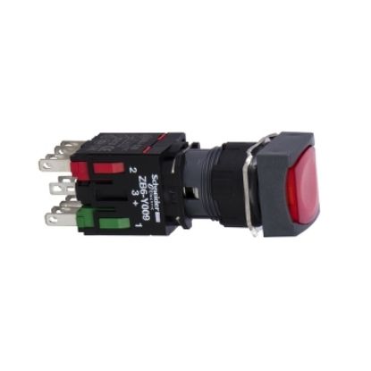 Picture of Complete illuminated push button, Harmony XB6, red square flush, 16mm, spring return, 1NO + 1NC,  12...24V
