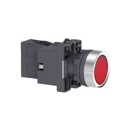 Picture of Complete illuminated push button, Easy Harmony XA2, plastic, flush, red, 22mm, spring return, 24V AC DC, 1NC