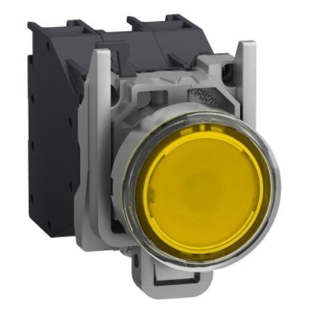 Picture of Complete illuminated push button, Harmony XB4 - ATEX D, metal, yellow flush, 22mm, spring return, booted, 1NO, 24...254V AC/DC