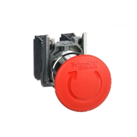 Picture of Emergency stop switching off, Harmony XB4, metal, red mushroom, 40mm, 22mm, trigger latching turn to release, 1NO+1NC