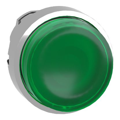 Picture of Harmony XB4, Head for illuminated push button, metal, green projecting, 22mm, universal LED, spring return, plain lens
