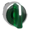 Picture of Head for illuminated selector switch, Harmony XB4, chromium metal, green handle, 22mm, universal LED, 3 positions, right to center
