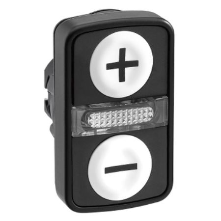 Picture of Head for illuminated double headed push button, Harmony XB5, 2 white flush, 22mm, black marked + and -