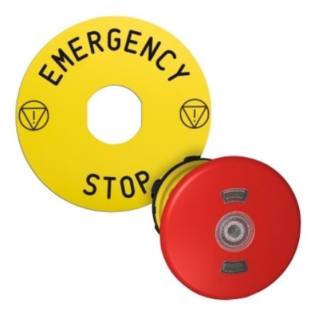 Picture of red Ø40 illum Emergency stop pushbutton head with yellow legend plate