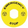 Picture of Marked legend, Harmony XB4, plastic, yellow, 90mm, for emergency stop, marked EMERGENCY STOP with logo ISO13851