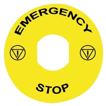 Picture of Marked legend, Harmony XB4, plastic, yellow, 90mm, for emergency stop, marked EMERGENCY STOP with logo ISO13851