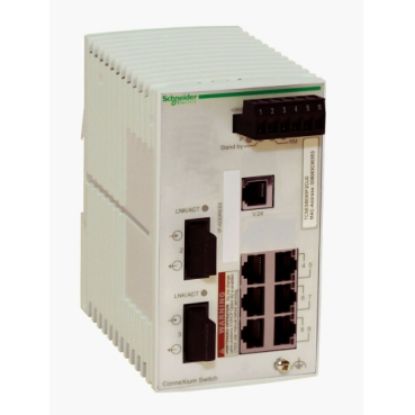 Picture of network switch, Modicon Networking, basic managed, 6 ports for copper, 2 ports for fiber optic, multimode