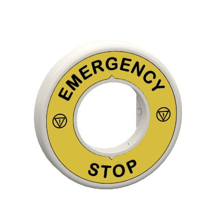 Picture of Illuminated marked legend ring, Harmony XB5, 60mm, plastic, yellow, red fixed integral LED, marked EMERGENCY STOP, 110...120V AC