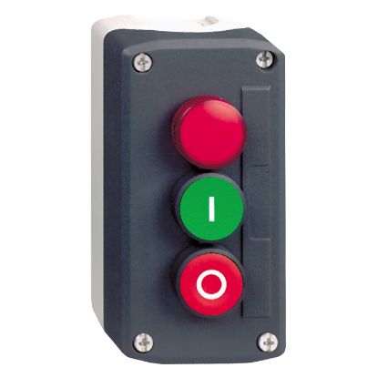 Picture of Harmony XALD XALK, Control station, plastic, dark grey lid, 1 red pilot light, 1 green flush, 1 red flush push buttons Ø22