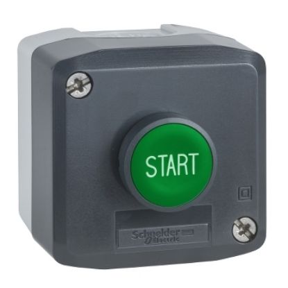 Picture of Harmony XALD XALK, Control station, plastic, dark grey lid, 1 green flush push button Ø22, spring return, marked START, 1 NO
