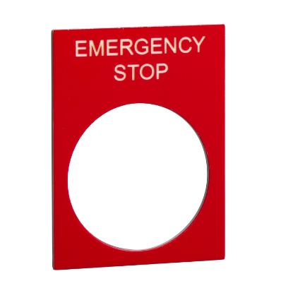 Picture of Marked legend, Harmony XAC, nameplate, 30 x 40mm, plastic, red, 22mm push button, white marked EMERGENCY STOP