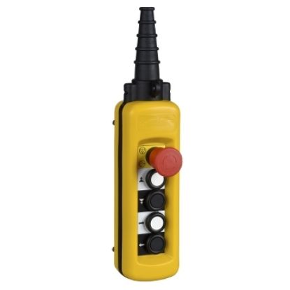 Picture of Pendant control station, Harmony XAC, plastic, yellow, 4 push buttons, 1 and 2 with 2 NO + NC , 3 and 4 with  1 NO, 1 emergency stop NC