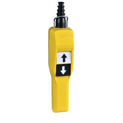 Picture of Pendant control station, Harmony XAC, plastic, yellow, pistol grip, 2 push buttons with NO+NC