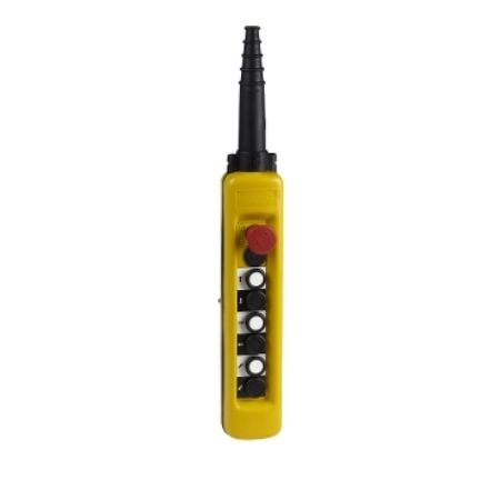 Picture of Pendant control station, Harmony XAC, plastic, yellow, 7 push buttons 2NO + 1NC, 1 emergency stop 40mm trigger blank 1NC, 2 speeds