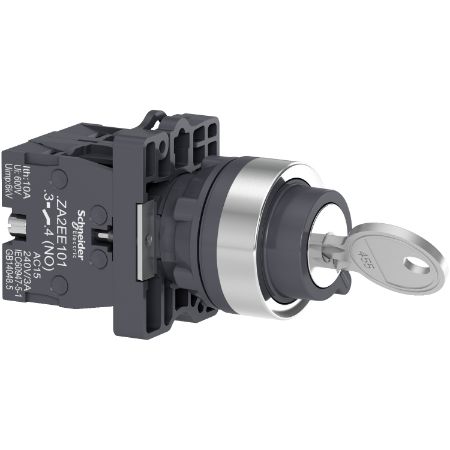 Picture of Complete selector switch, Easy Harmony XA2, plastic, black, 22mm, key 455, 2 positions, spring return from right to left, 2NO