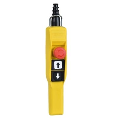 Picture of Pendant control station, Harmony XAC, plastic, yellow, pistol grip, 2 booted push buttons with NO + NC, 1 emergency stop NC