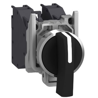 Picture of Selector switch, Harmony XB4 - ATEX D, metal, 22mm, 3 positions, black long handle, stay put, screw clamp terminals, 2NO