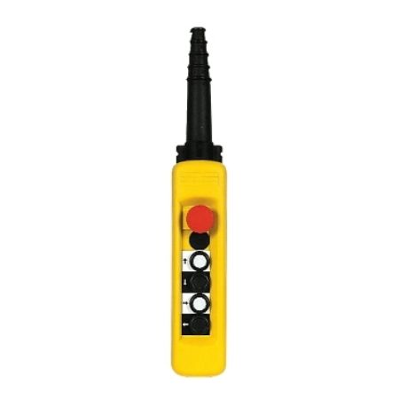 Picture of Pendant control station, Harmony XAC, plastic, yellow, 4 push buttons with 1NO, 1 emergency stop NC