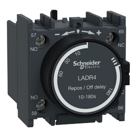 Picture of TeSys; TeSys Deca, Time delay auxiliary contact block, 1NO + 1NC, off delay 10-180s, front, screw clamp terminals