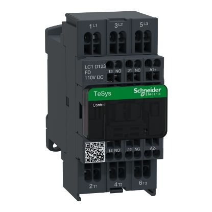 Picture of Contactor, TeSys Deca, 3P(3NO), AC-3/AC-3e, <=440V, 12A, 110V DC coil, spring terminals