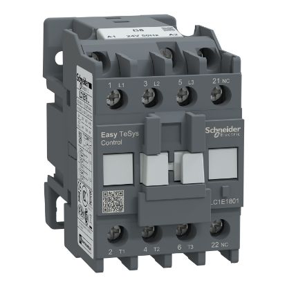 Picture of Contactor,Easy TeSys Control,LC1E,3P(3NO),AC-3,<=440V,18A,24V AC coil,50Hz,1NC auxiliary contact