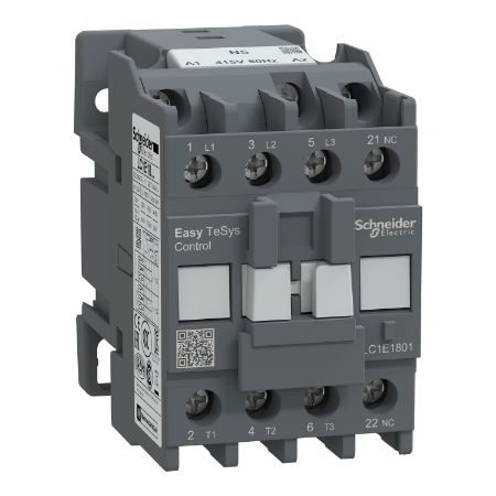 Picture of Contactor,Easy TeSys Control,LC1E,3P(3NO),AC-3,<=440V,18A,415V AC coil,50Hz,1NC auxiliary contact