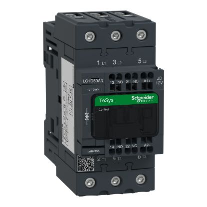 Picture of Contactor, TeSys Deca, 3P(3 NO), AC-3/AC-3e, <=400V, 50A, 12V DC standard coil, spring terminals