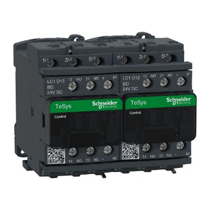 Picture of Reversing Contactor, TeSys Deca, 3P(3NO), AC-3, <=440V, 12A, 24V DC coil, with electrical interlocking, screw clamp terminals