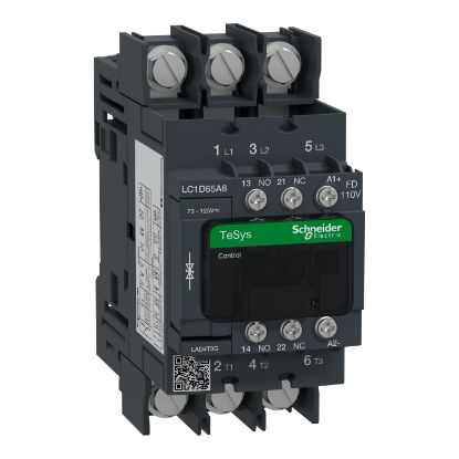 Picture of Contactor, TeSys Deca, 3P(3 NO), AC-3/AC-3e, <=400V, 65A, 110V DC standard coil, lugs-ring terminals